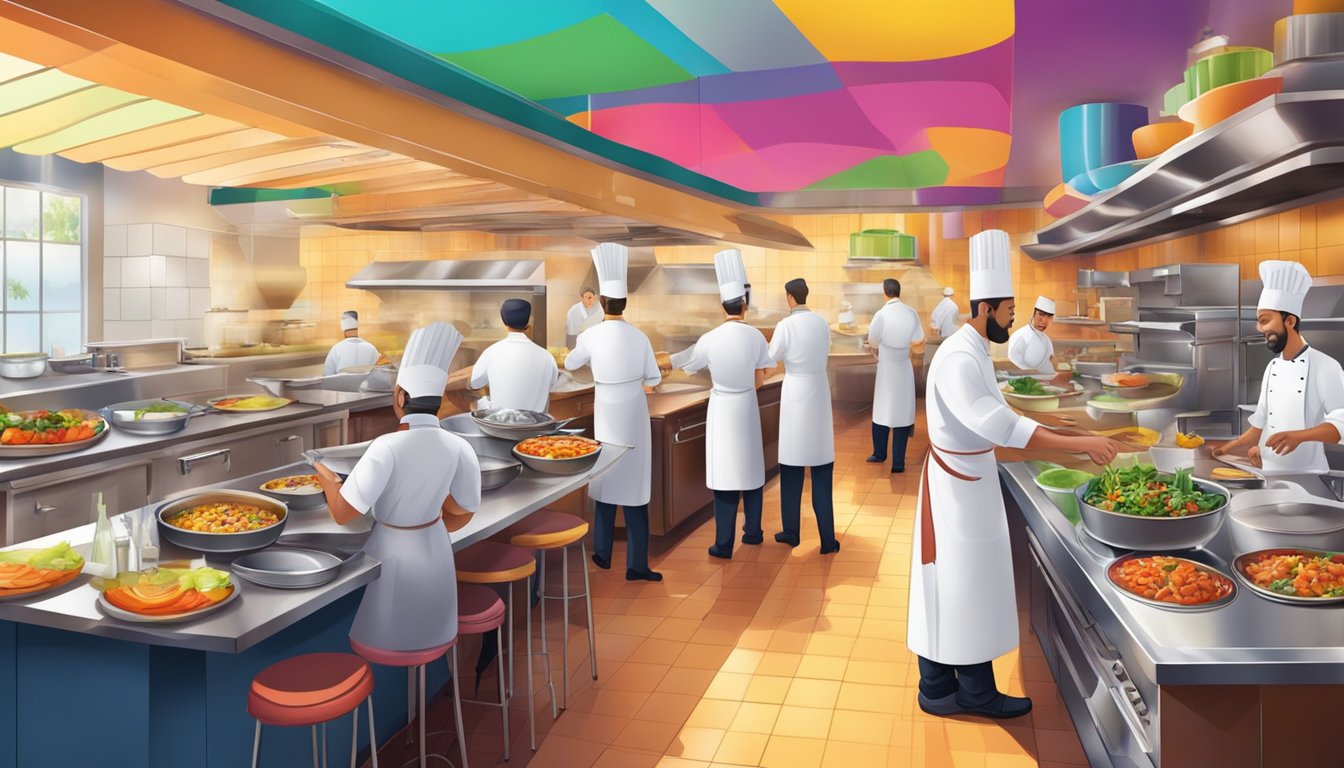 A bustling kitchen with chefs creating colorful dishes, while waiters serve steaming plates to eager customers in a vibrant, lively restaurant setting