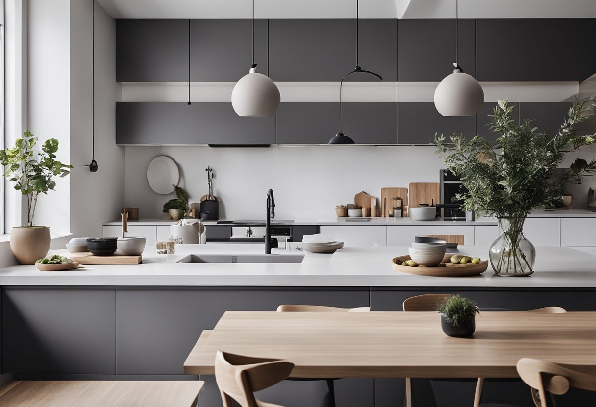 A sleek grey Scandinavian kitchen with minimalist furniture and clean lines. White countertops and light wood flooring add contrast