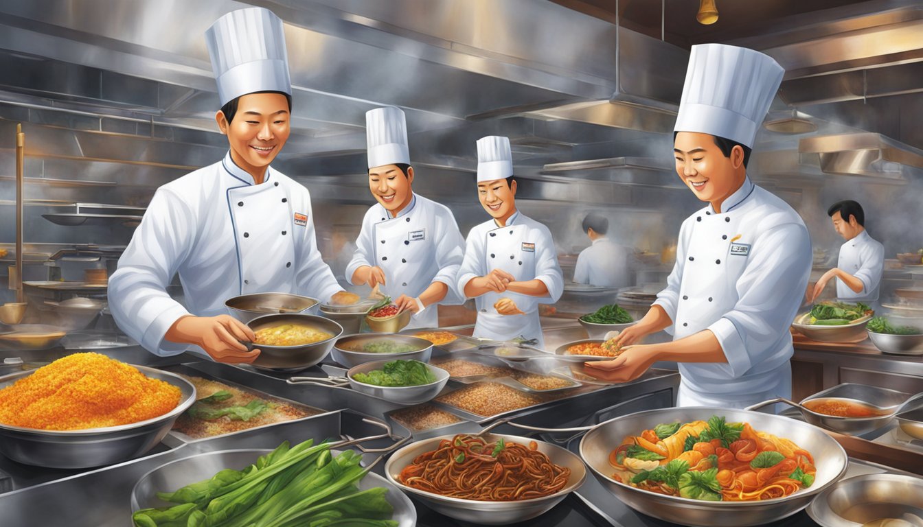 Vibrant dishes sizzle on the kitchen counter at Bee Heong Palace. Aromatic spices fill the air, as chefs meticulously prepare the restaurant's signature culinary delights