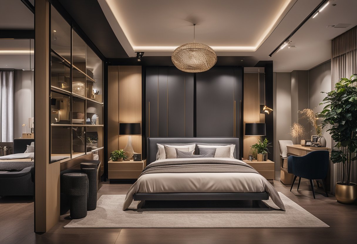A cozy bedroom with a modern bed, surrounded by stylish furniture and decor, in a well-lit showroom of a furniture store in Singapore