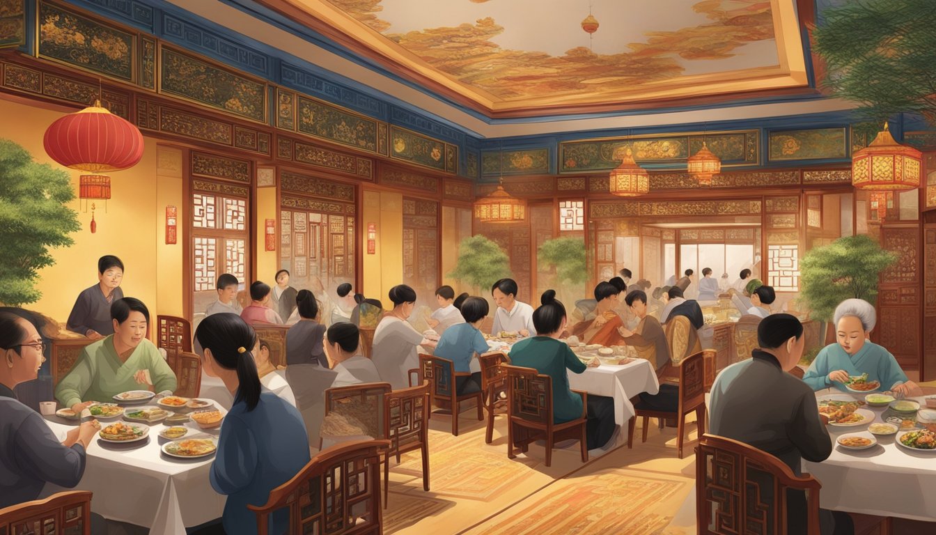 Customers dining at Bee Heong Palace, surrounded by traditional Chinese decor and enjoying authentic cuisine