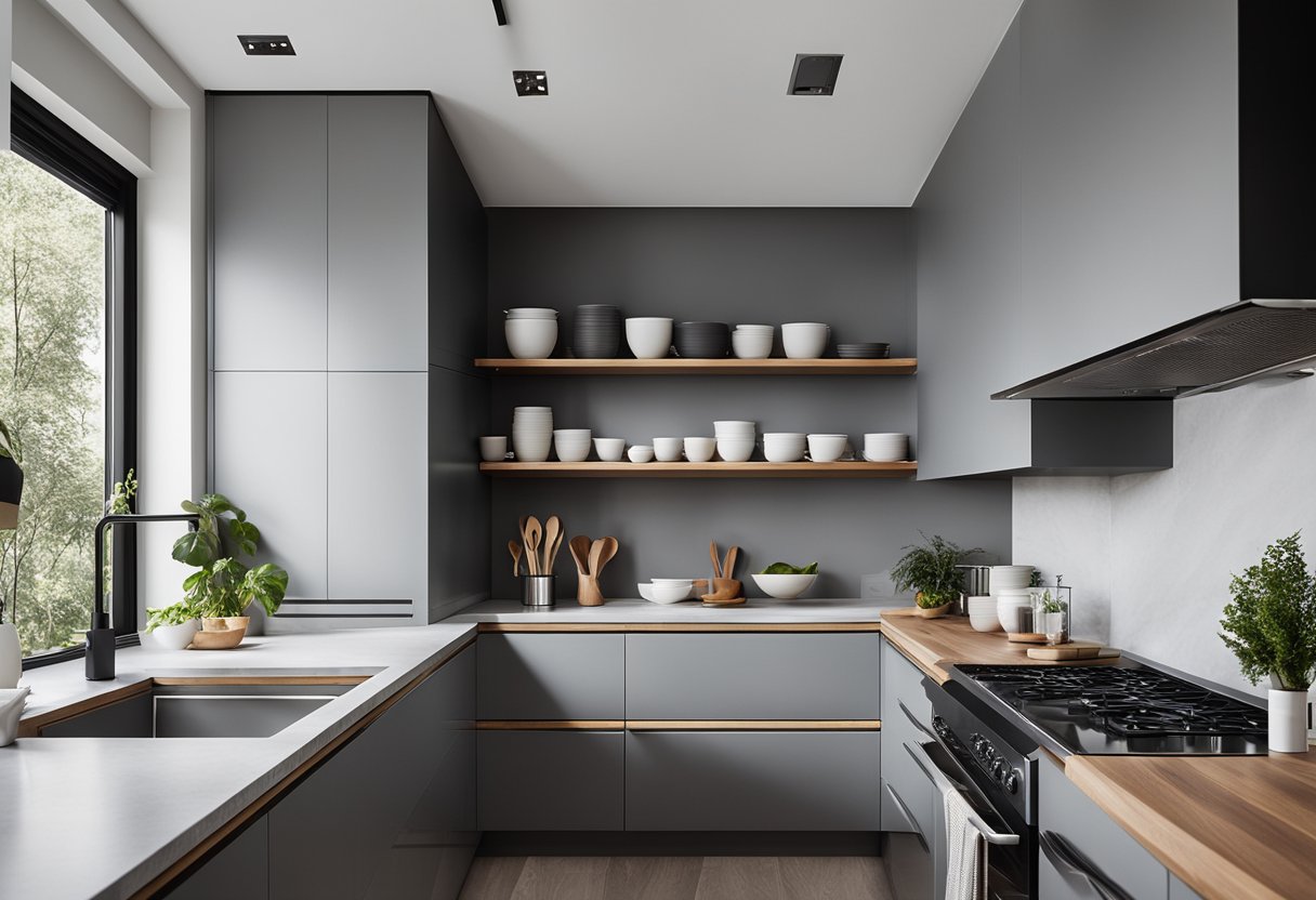 A sleek, minimalist grey kitchen with clean lines, natural wood accents, and ample natural light