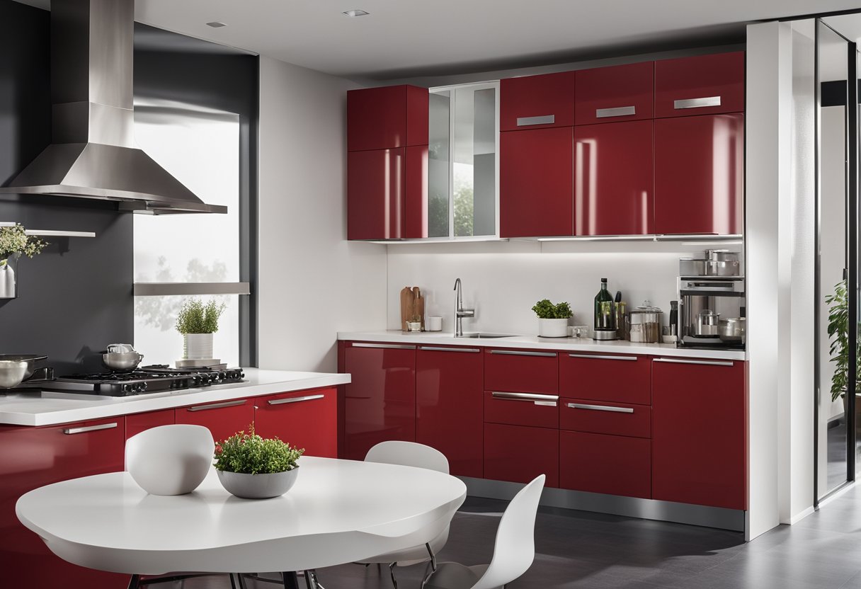 A modern kitchen with red cabinets, white countertops, and stainless steel appliances