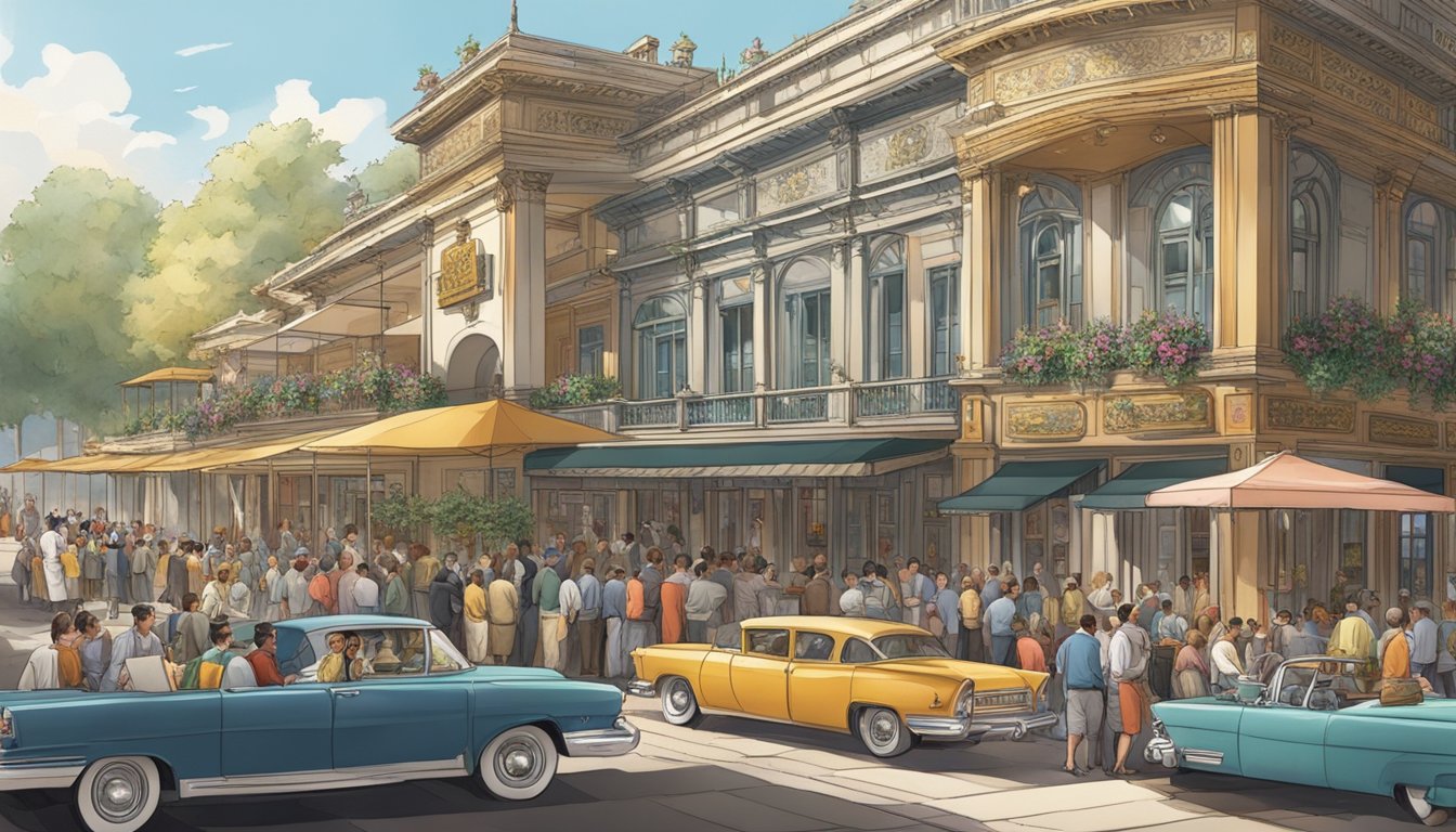 A bustling restaurant with a grand entrance, ornate decorations, and a line of customers waiting to be seated