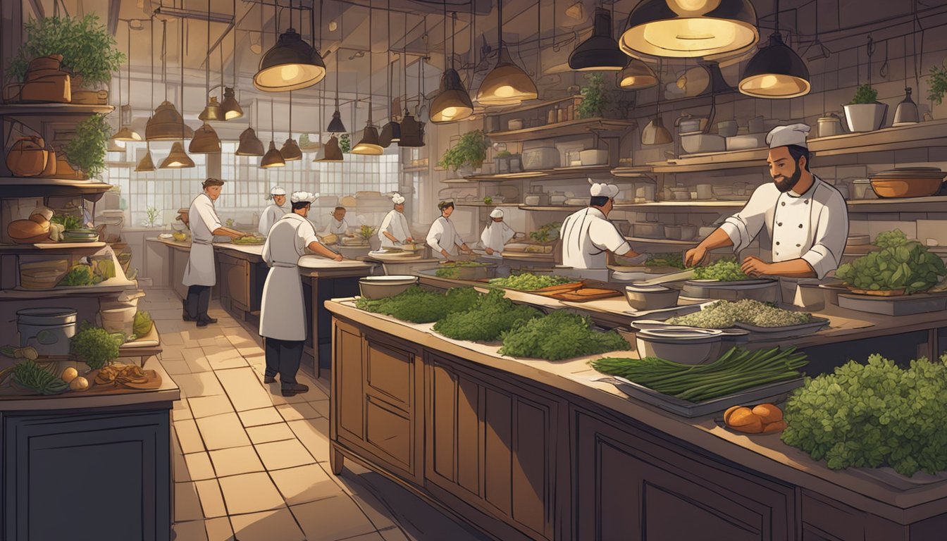 A bustling restaurant kitchen with chefs preparing French dishes, surrounded by shelves of fresh herbs and spices. A warm, inviting atmosphere with dim lighting and rustic decor