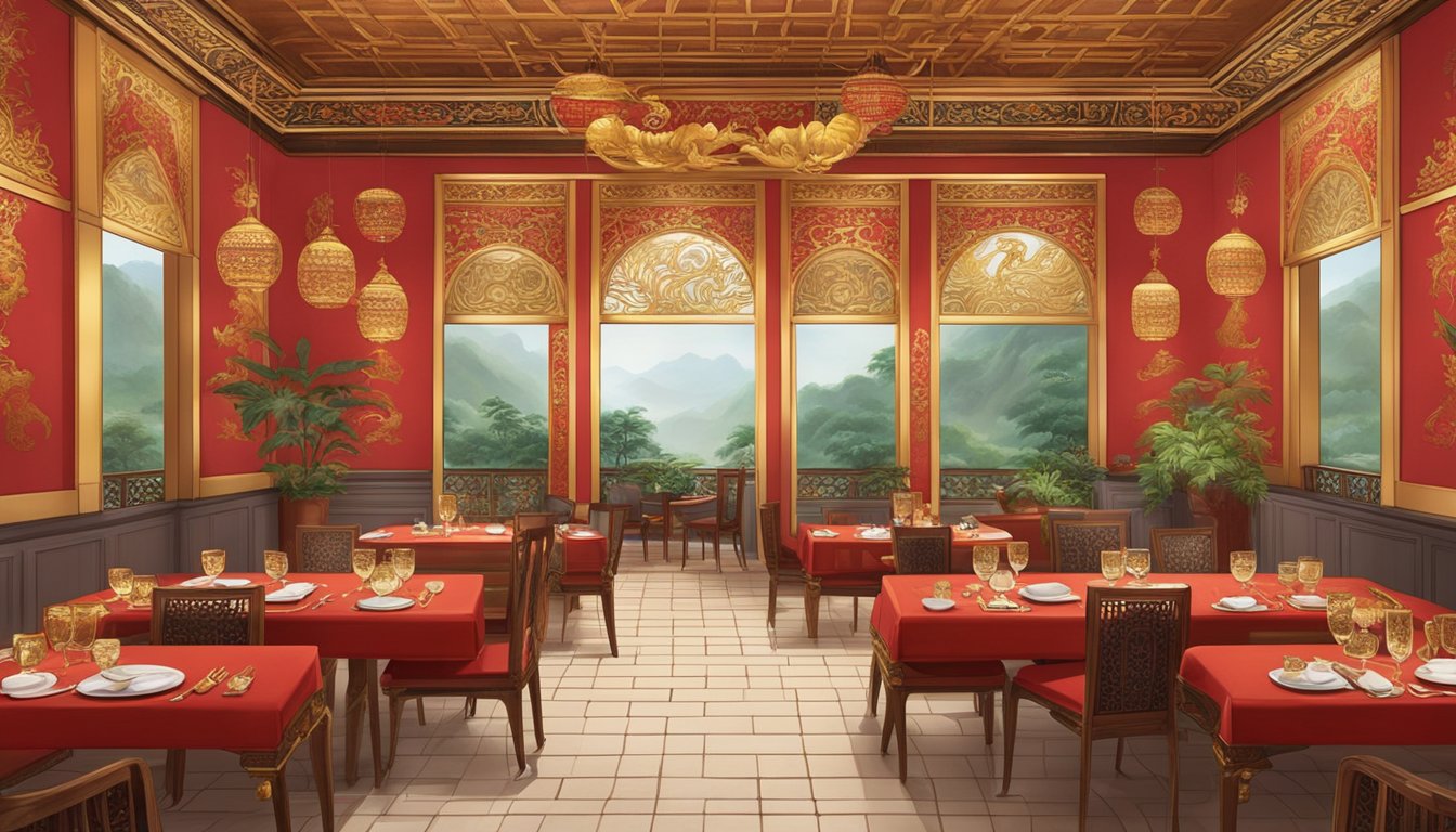 The imperial herbal restaurant is adorned with intricate red and gold decor, with tables set for a lavish feast. A dragon motif adorns the walls, and the aroma of exotic herbs fills the air