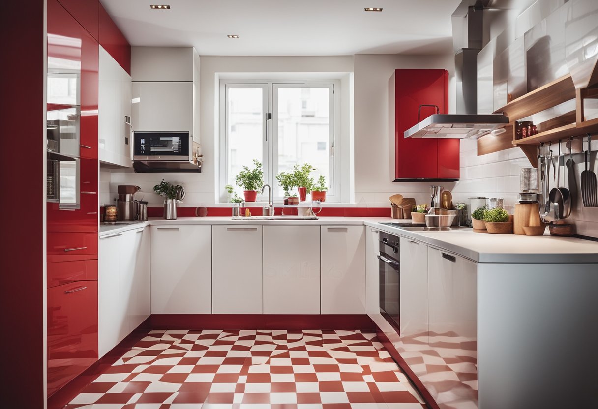 A red and white kitchen with clever storage solutions maximizing space