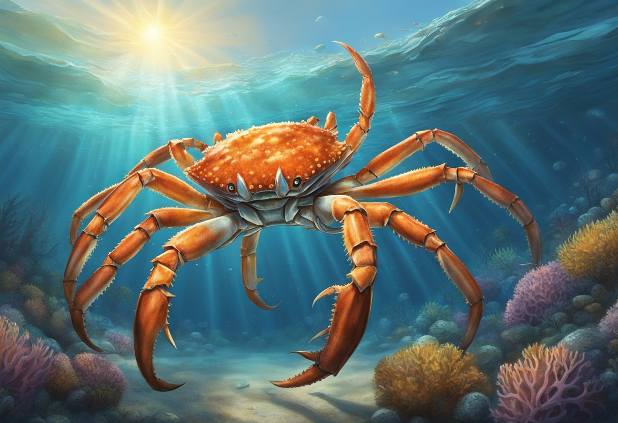 A massive king crab scuttles across the ocean floor, its sharp pincers glinting in the sunlight as it searches for food