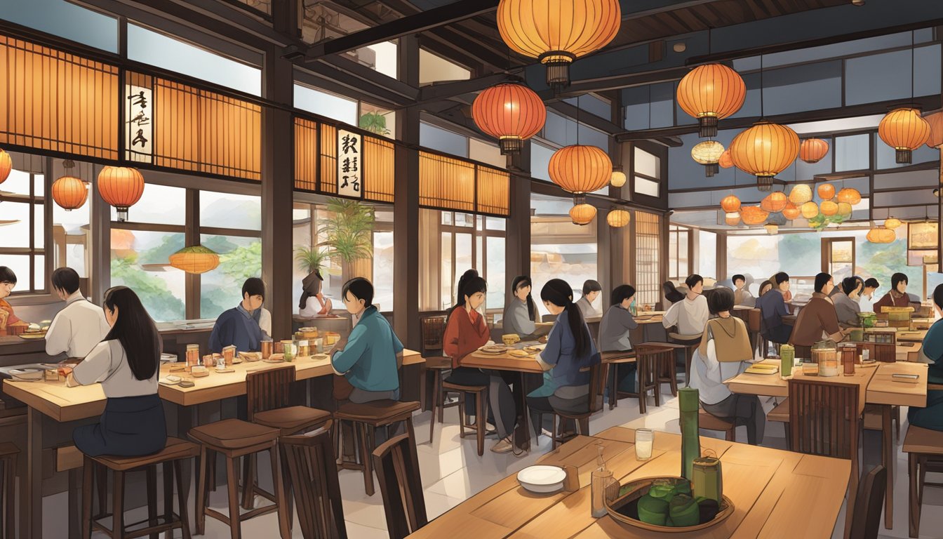 A bustling Japanese restaurant at Robertson Quay, with traditional lanterns, wooden tables, and a sushi bar