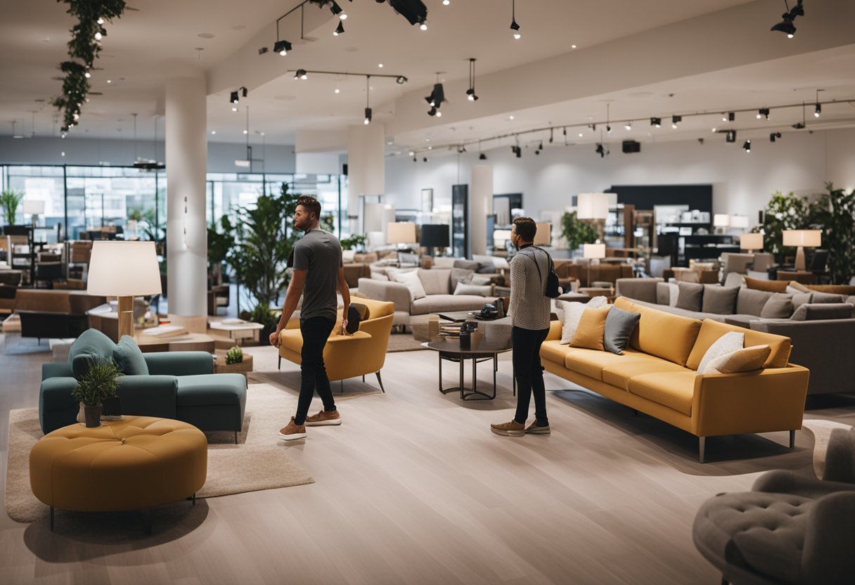 A customer effortlessly navigates through a modern furniture store, browsing different bed options with ease and convenience