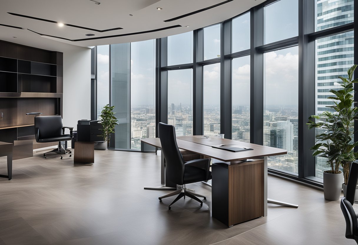 The CEO office features a modern, minimalist design with sleek furniture, a large desk, and floor-to-ceiling windows offering a panoramic view