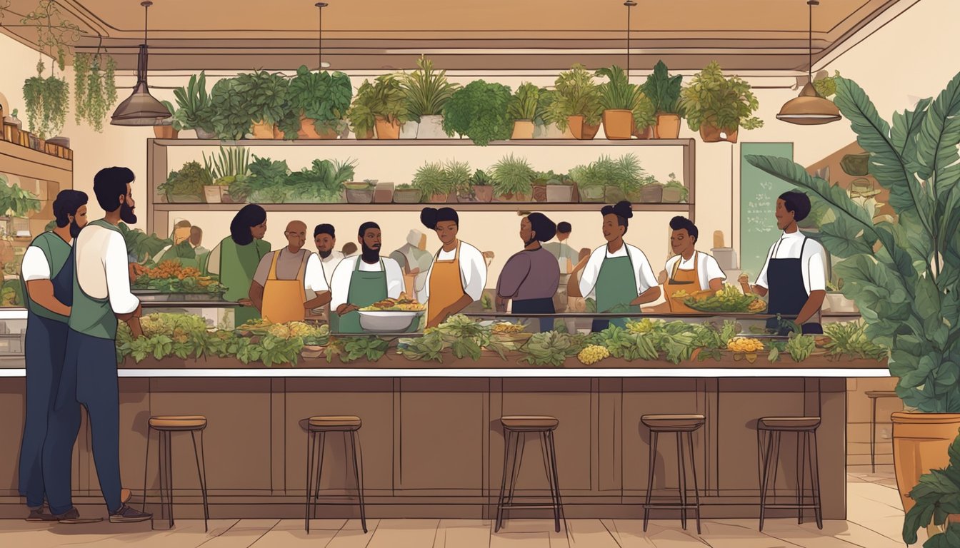 A bustling restaurant with ornate decor and exotic herbs on display. Customers approach a counter with questions. Staff members are busy serving and preparing herbal dishes