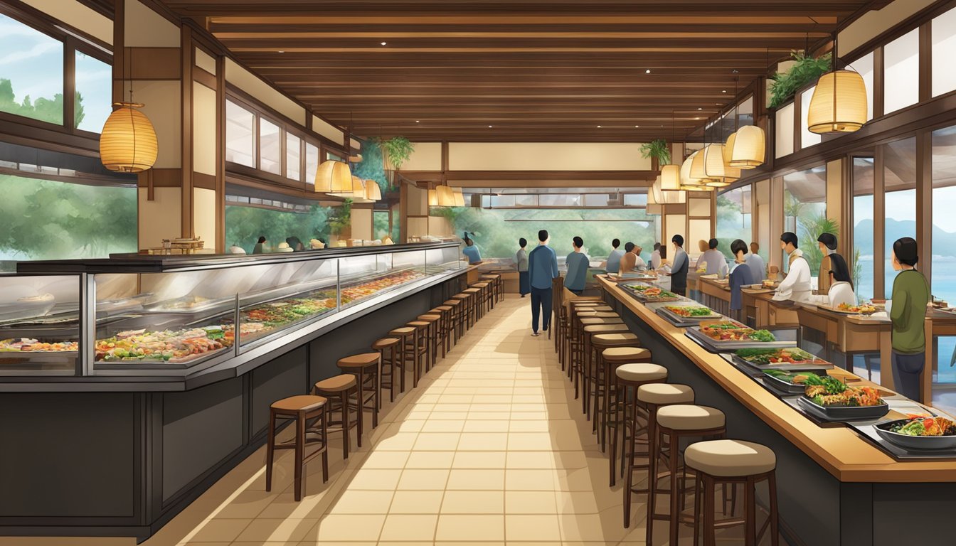 A bustling kiseki Japanese buffet restaurant with a colorful sushi bar, steaming teppanyaki grills, and elegant traditional decor