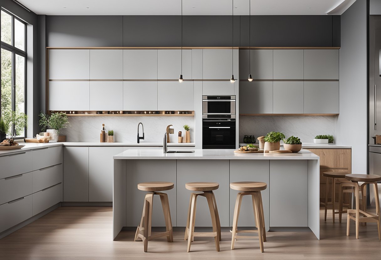 A spacious, minimalist kitchen with clean lines, light grey cabinets, and natural wood accents. A large window allows plenty of natural light to illuminate the space