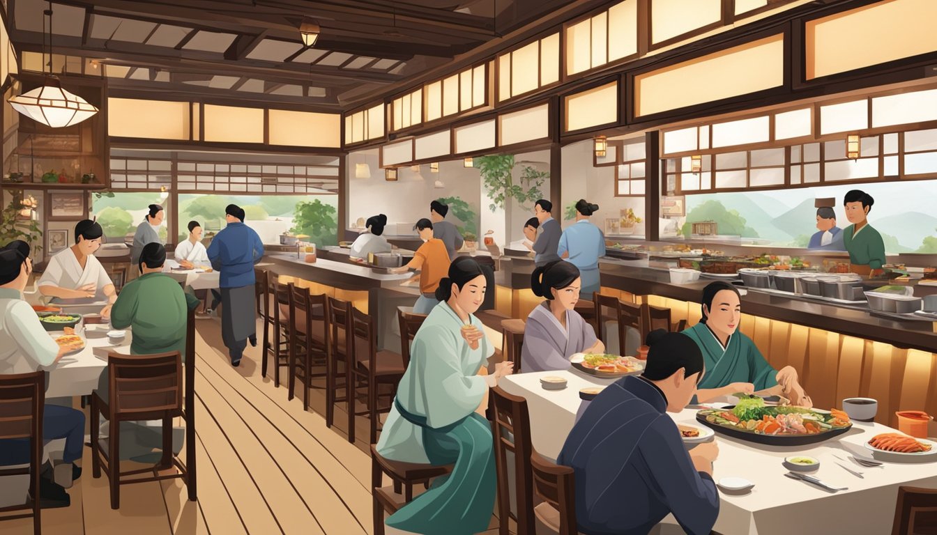 The bustling Japanese restaurant features traditional decor and a sushi bar, with chefs expertly preparing fresh, colorful dishes