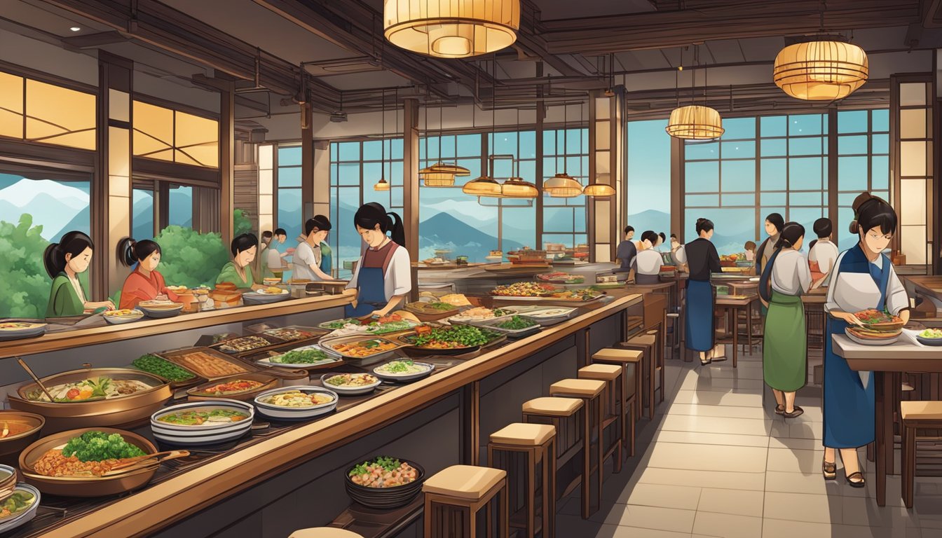 A vibrant and bustling Japanese buffet restaurant with a wide array of traditional dishes and modern culinary creations on display