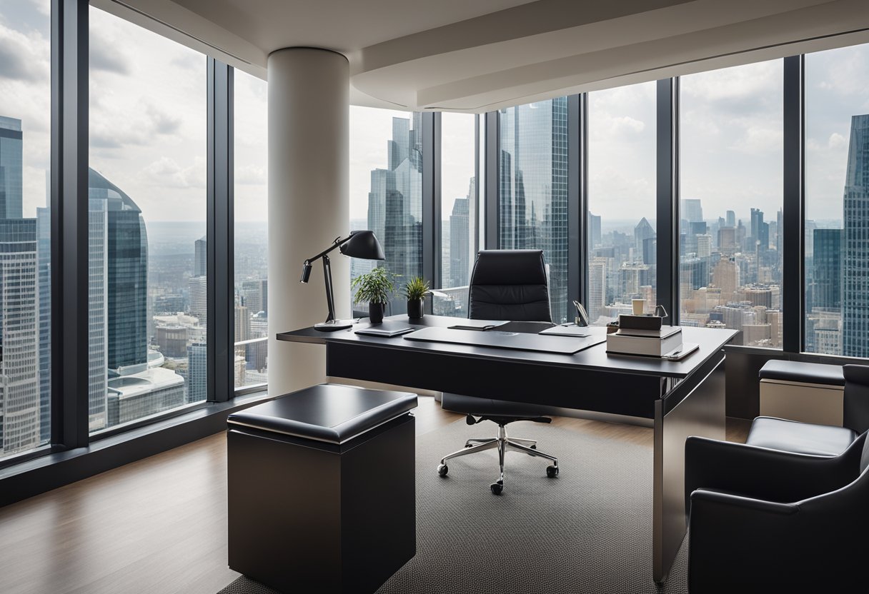 The executive office features a modern desk, leather chair, sleek bookshelves, and a large window with a city skyline view