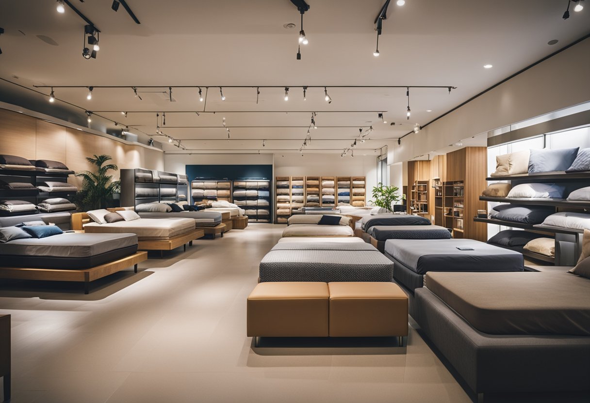 A customer browsing through a variety of bed furniture options in a spacious and well-lit store in Singapore, with labeled sections for different types of beds and accompanying accessories