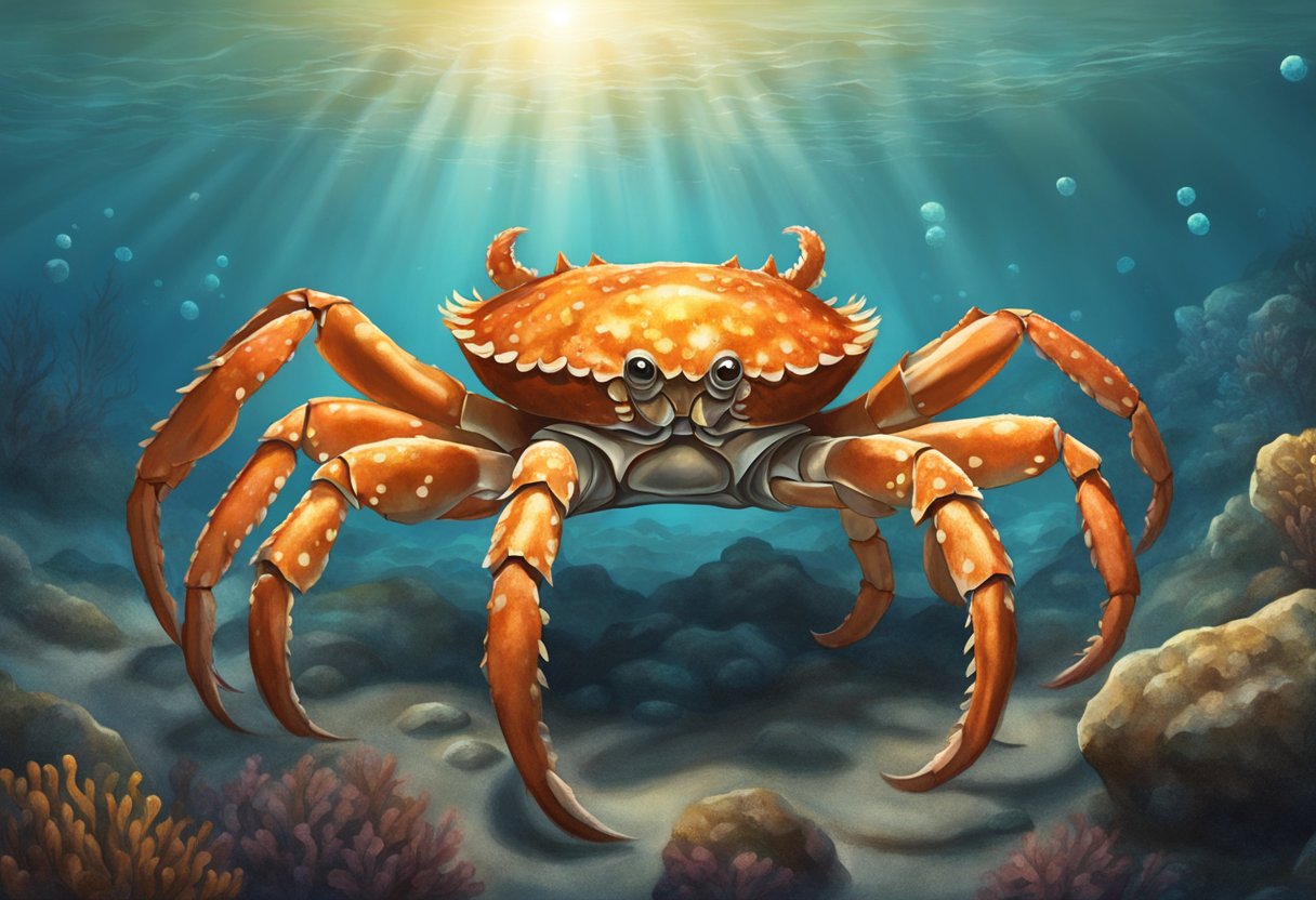 A king crab stands tall on a rocky seafloor, its massive pincers raised in a defensive posture. The creature's shell glistens in the soft glow of underwater light