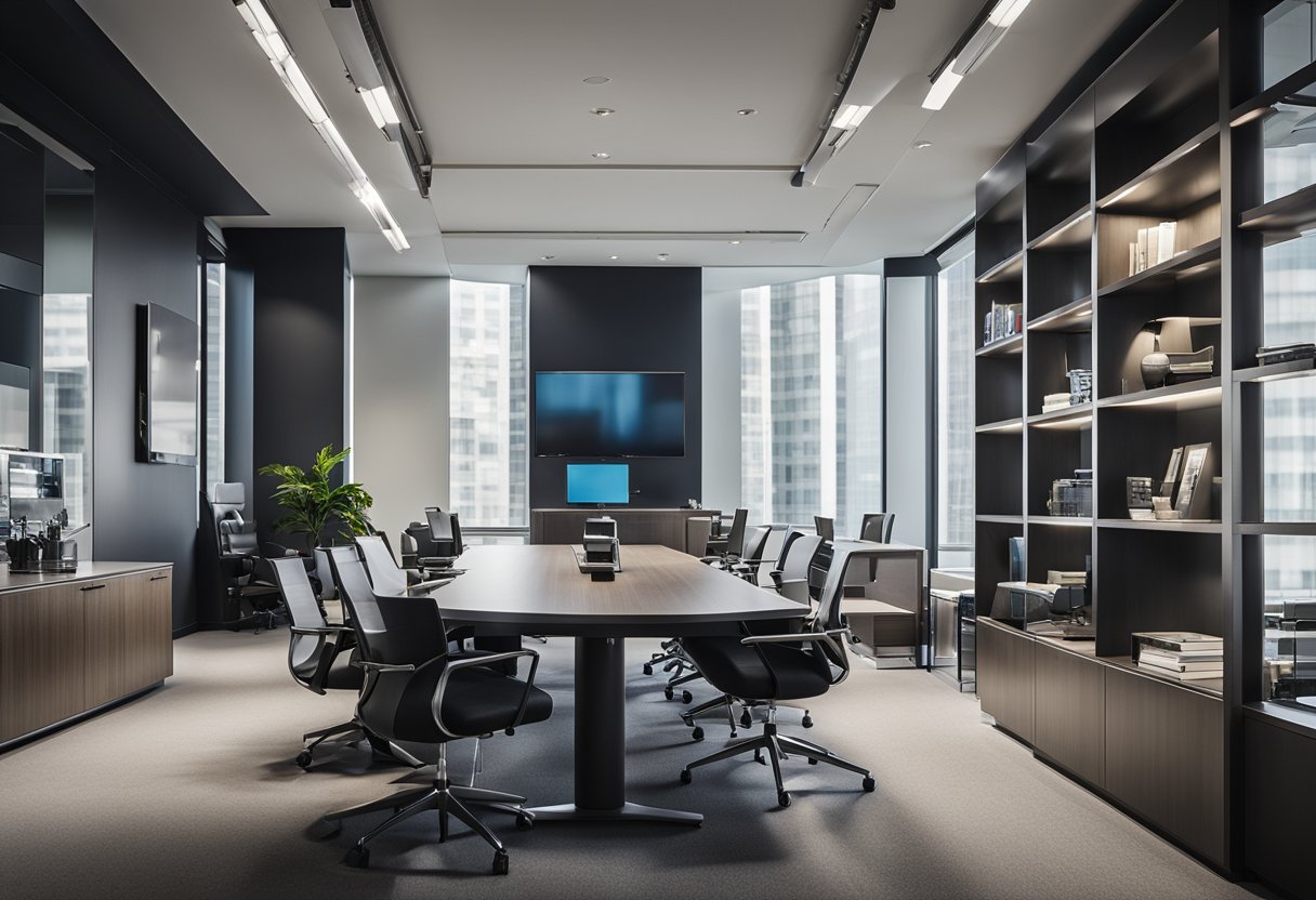 A spacious, well-lit CEO office with modern furniture and minimalist decor. A large desk sits in the center, surrounded by ergonomic chairs and a sleek conference table. The walls are adorned with motivational artwork and shelves filled with leadership books