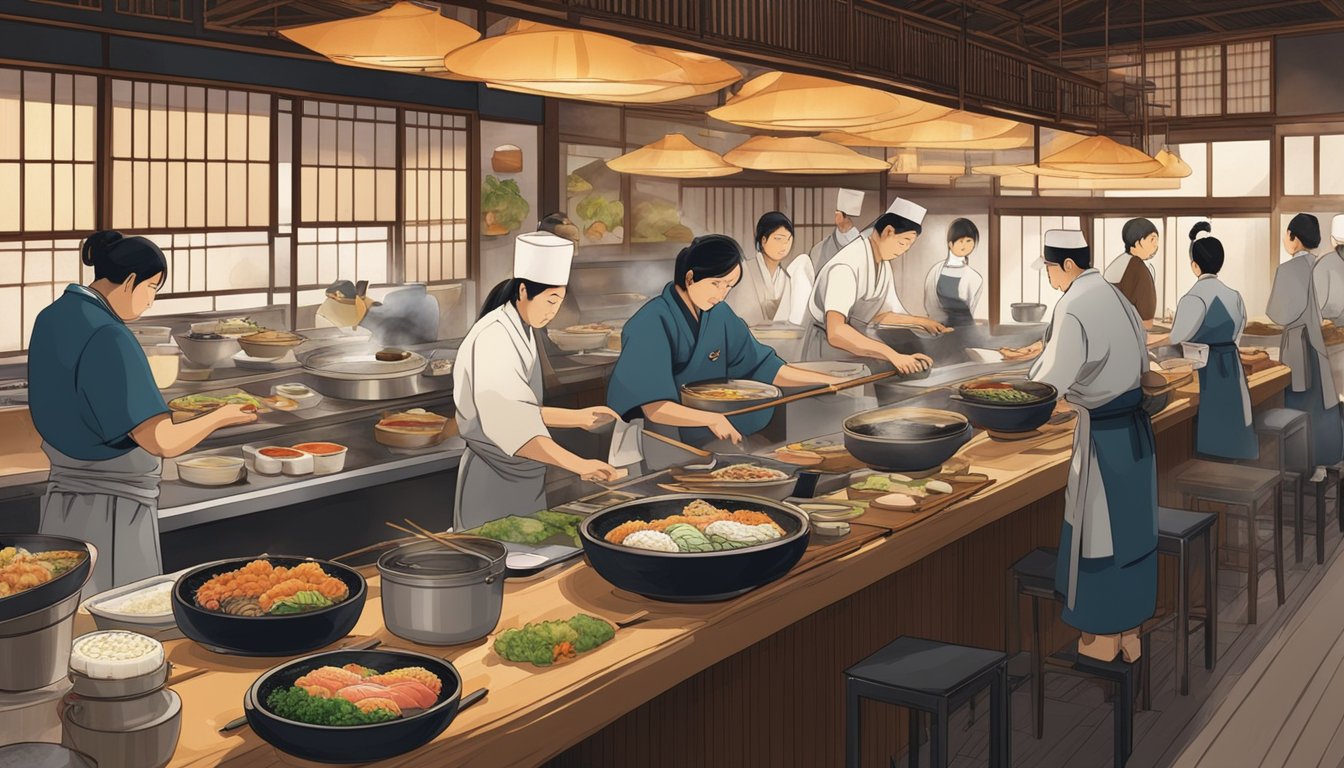 A bustling Japanese restaurant with chefs preparing sushi and sizzling teppanyaki dishes, while diners enjoy steaming bowls of ramen and delicate plates of tempura