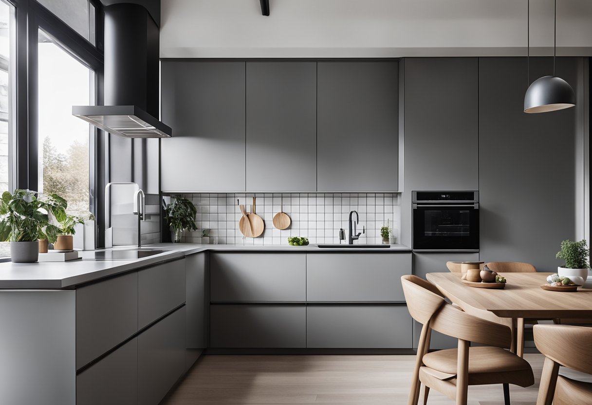 A sleek grey kitchen with minimalist Scandinavian design, featuring clean lines, light wood accents, and modern appliances