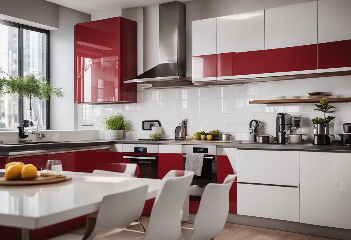 A modern kitchen with red and white color scheme, organized cabinets, and sleek appliances