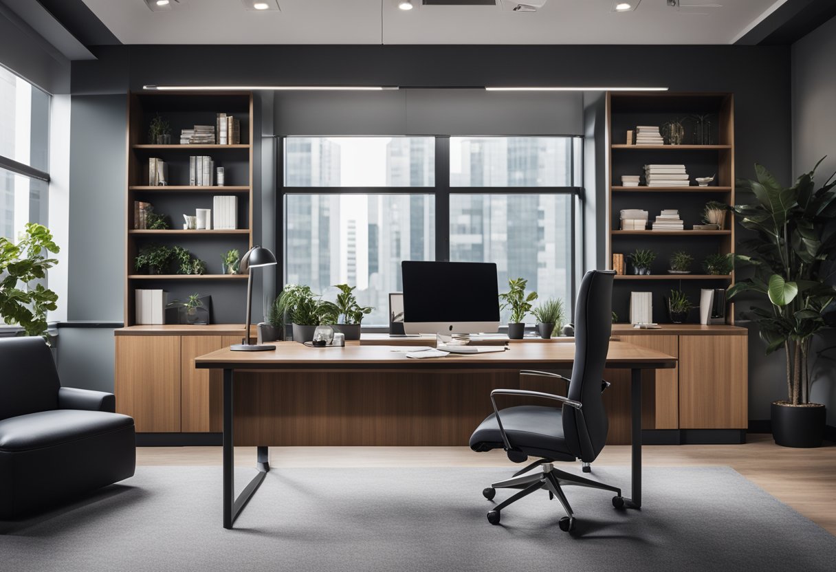 A modern CEO office with sleek furniture, large windows, and a minimalist color scheme. A spacious desk with a computer, a cozy seating area, and a bookshelf filled with business books