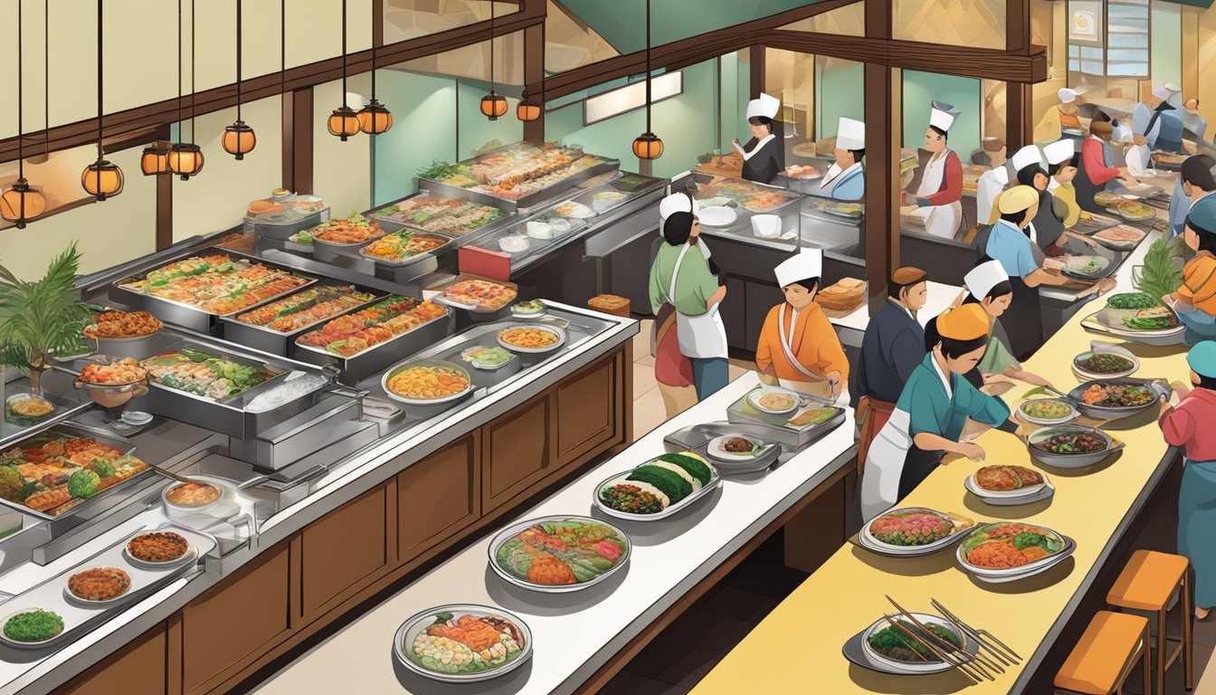A bustling Japanese buffet restaurant with colorful decor, sushi bar, and steaming hot dishes on the buffet line