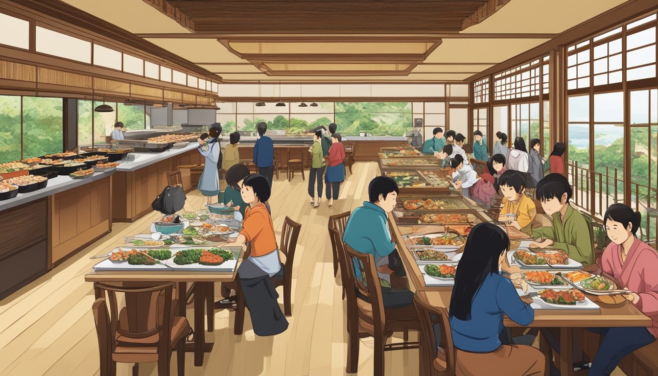 Customers enjoying a variety of Japanese dishes at the Kiseki buffet. Sushi, sashimi, and tempura are displayed on the serving tables. The restaurant is bustling with activity