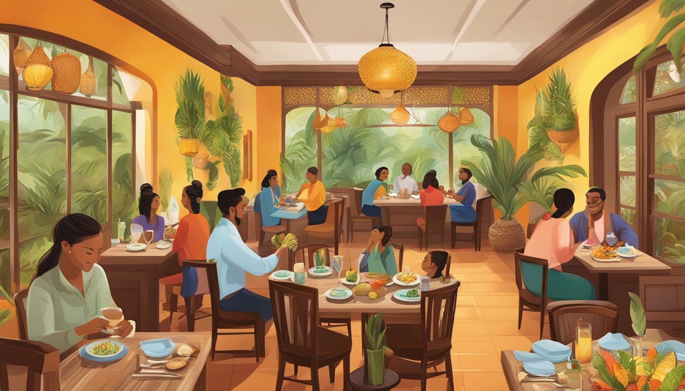 Customers savoring exotic dishes at Candlenut restaurant, surrounded by vibrant decor and the aroma of spices