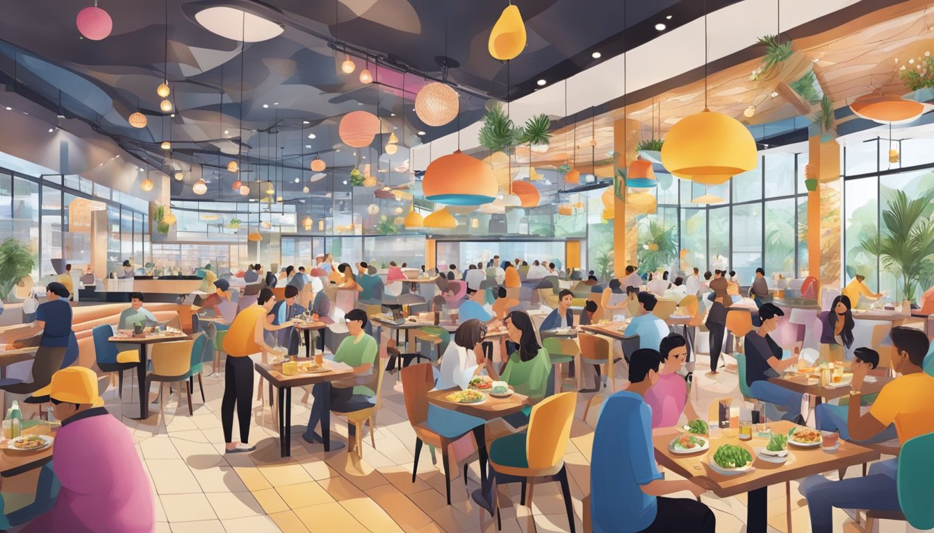 A bustling food court filled with diverse cuisines and vibrant decor, surrounded by eager diners enjoying their culinary delights at VivoCity's best restaurants