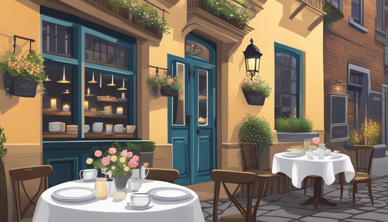 A cozy, candlelit restaurant with white tablecloths, flickering tea lights, and a vase of fresh flowers. A chalkboard menu lists daily specials, and a window overlooks a charming cobblestone street