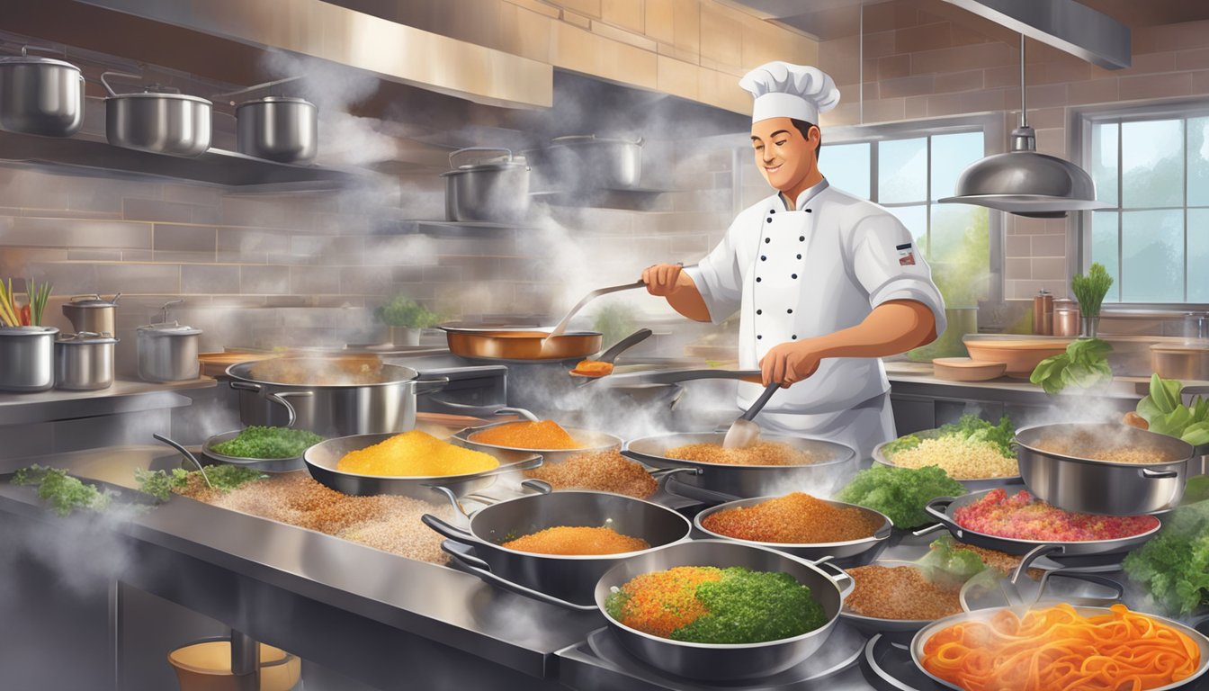 A bustling kitchen with steaming pots, sizzling pans, and colorful ingredients. A chef expertly garnishes a dish with a sprinkle of fleur de sel