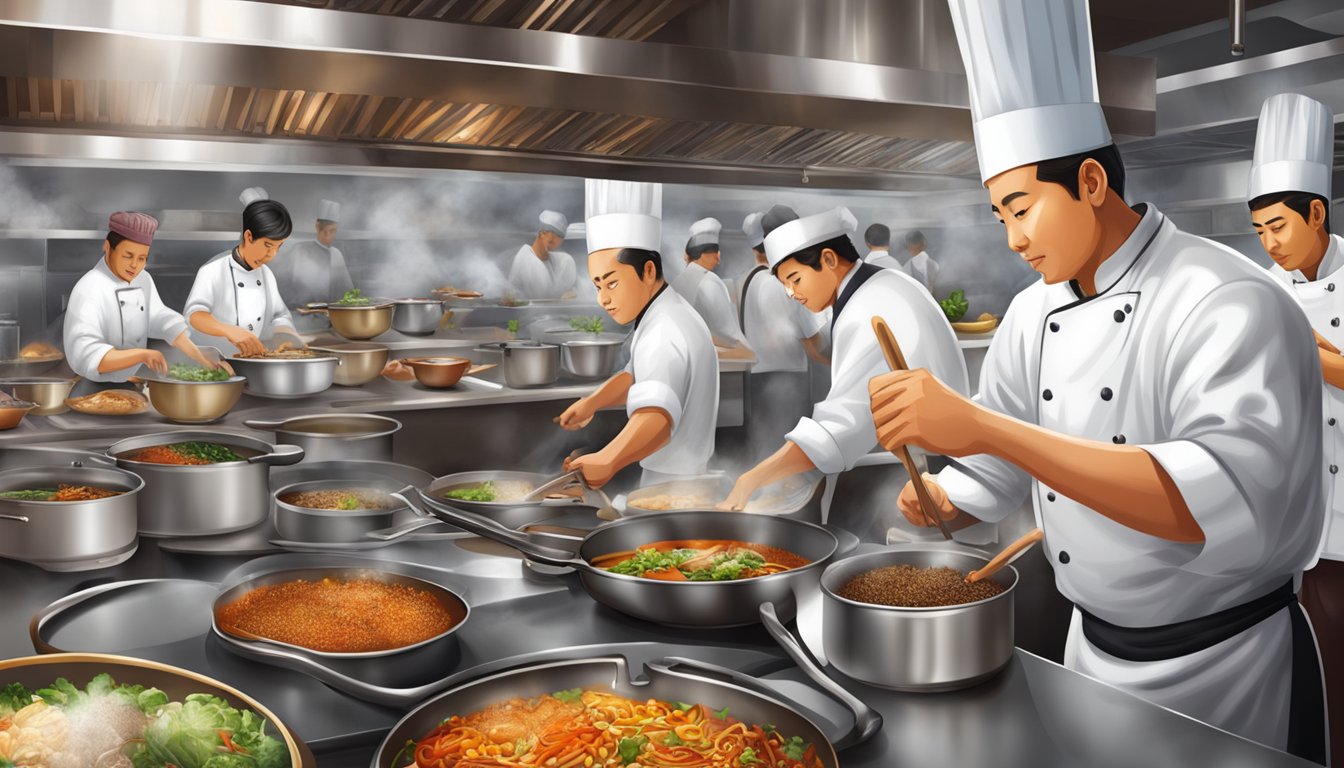 The bustling kitchen of Chef Wan restaurant, filled with sizzling pans, aromatic spices, and busy chefs creating mouthwatering dishes
