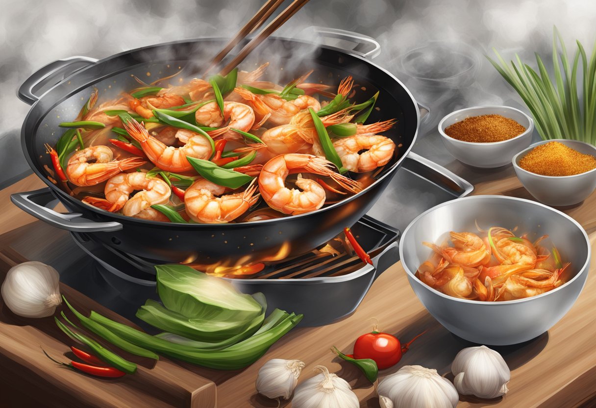 A sizzling wok fries up fresh prawns with garlic, chili, and fragrant spices, creating a mouthwatering aroma in a bustling Singapore kitchen