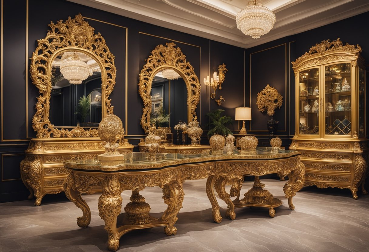 A luxurious showroom in Singapore displays ornate rococo furniture, with intricate carvings and gilded details. The elegant pieces are arranged in a spacious, well-lit setting, showcasing their opulent beauty