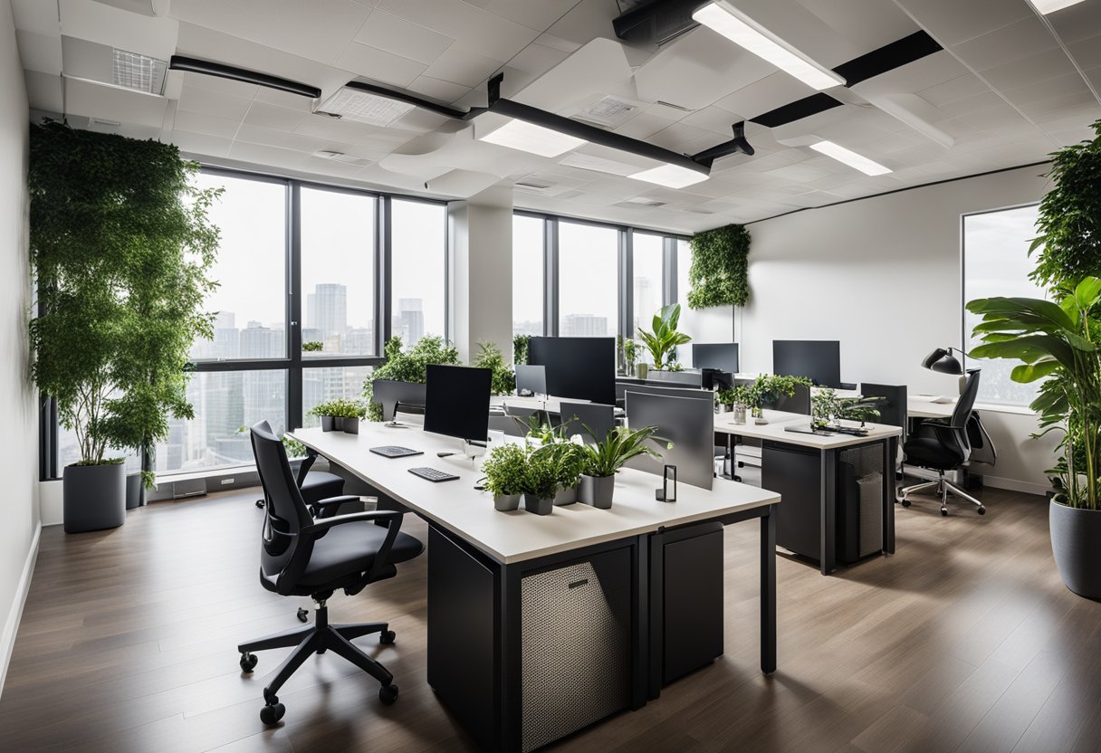 A modern office space with open concept layout, natural light, sleek furniture, and greenery accents