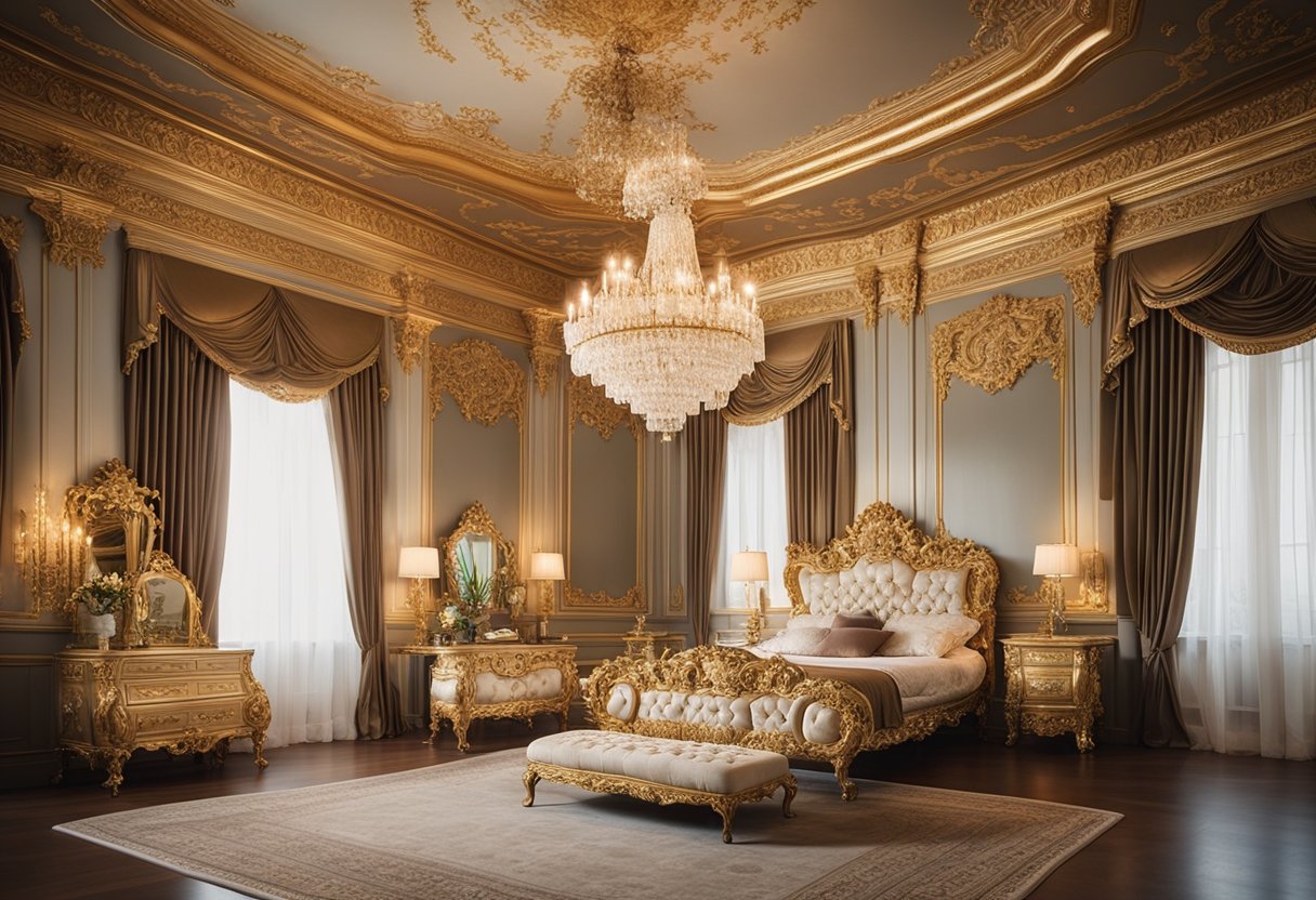 A luxurious room filled with ornate rococo furniture, adorned with intricate carvings and gilded accents. The space exudes opulence and elegance, with plush upholstery and delicate details throughout