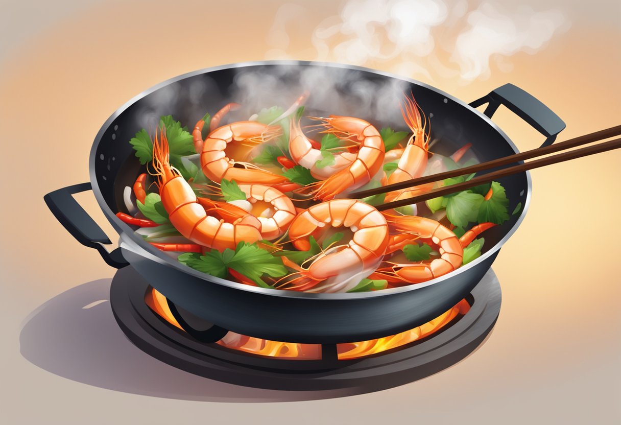 A sizzling wok with live prawns, chili, garlic, and ginger. Steam rising, vibrant colors, and aromatic spices fill the air