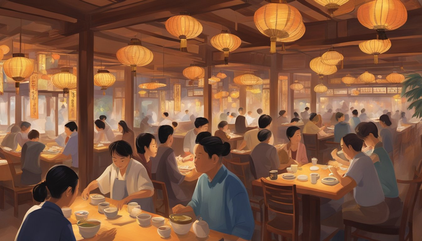 The Ming Chung restaurant bustles with diners, while waitstaff move swiftly between tables. The aroma of sizzling woks fills the air, and lanterns cast a warm glow over the cozy interior