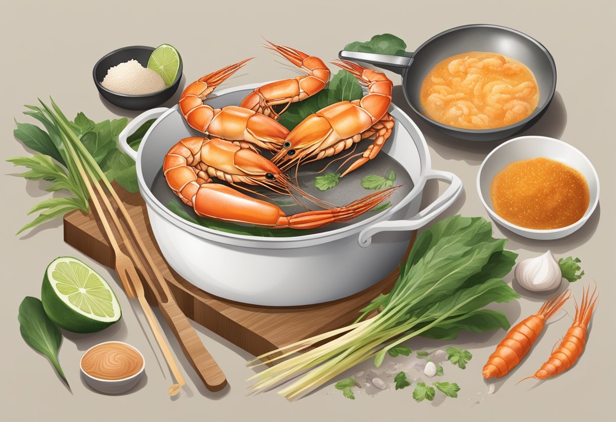 A live prawn being prepared in a Singaporean kitchen, surrounded by ingredients and cooking utensils