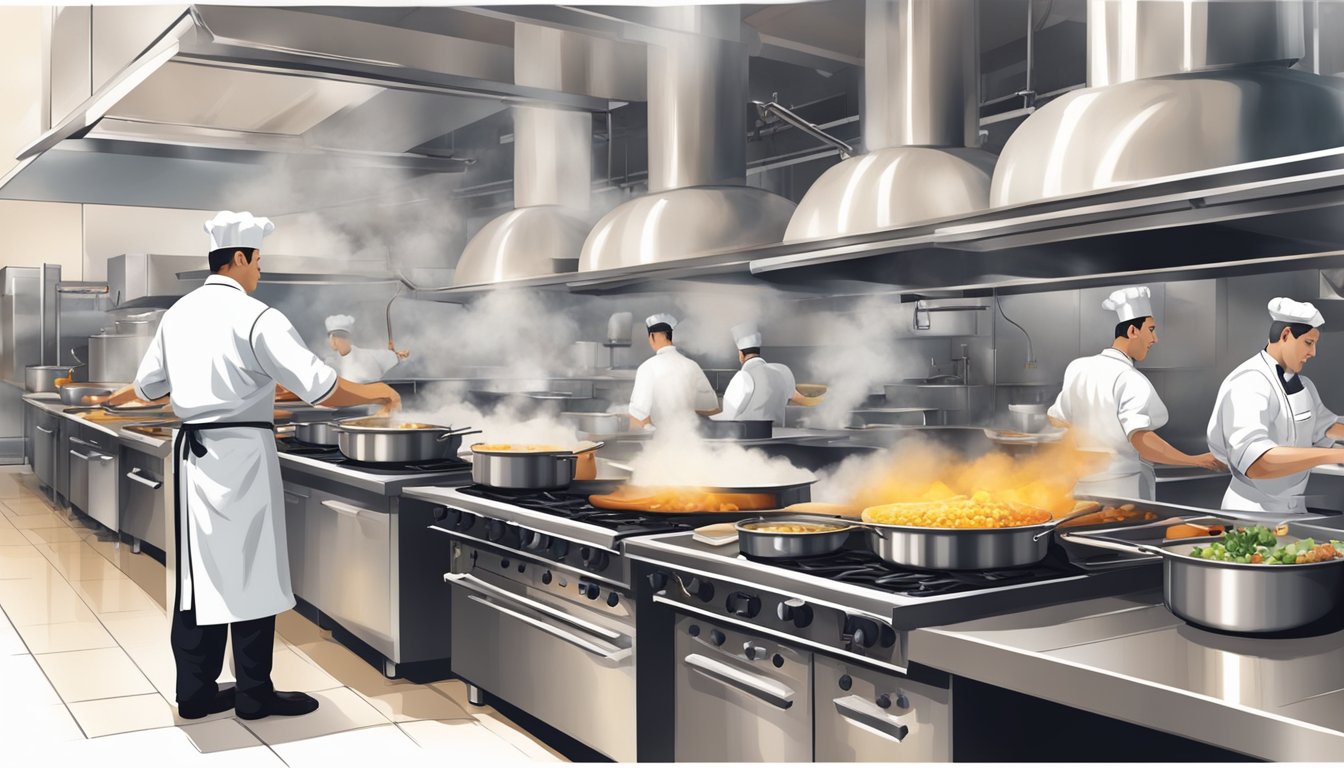 A bustling restaurant kitchen with chefs cooking and plating dishes, steam rising from pots and pans, and the aroma of delicious food filling the air