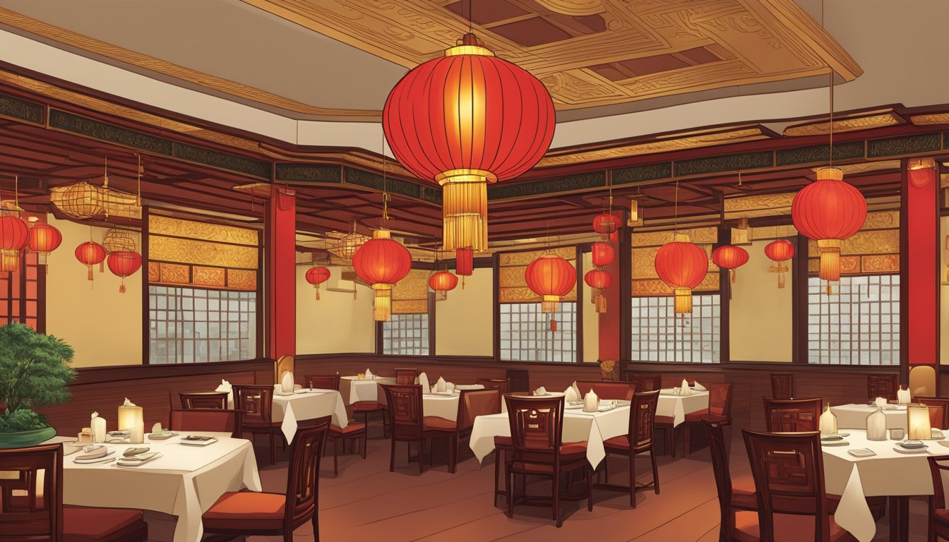 The Ming Chung restaurant is filled with vibrant red and gold decor, traditional Chinese lanterns hang from the ceiling, and the aroma of sizzling stir-fry fills the air