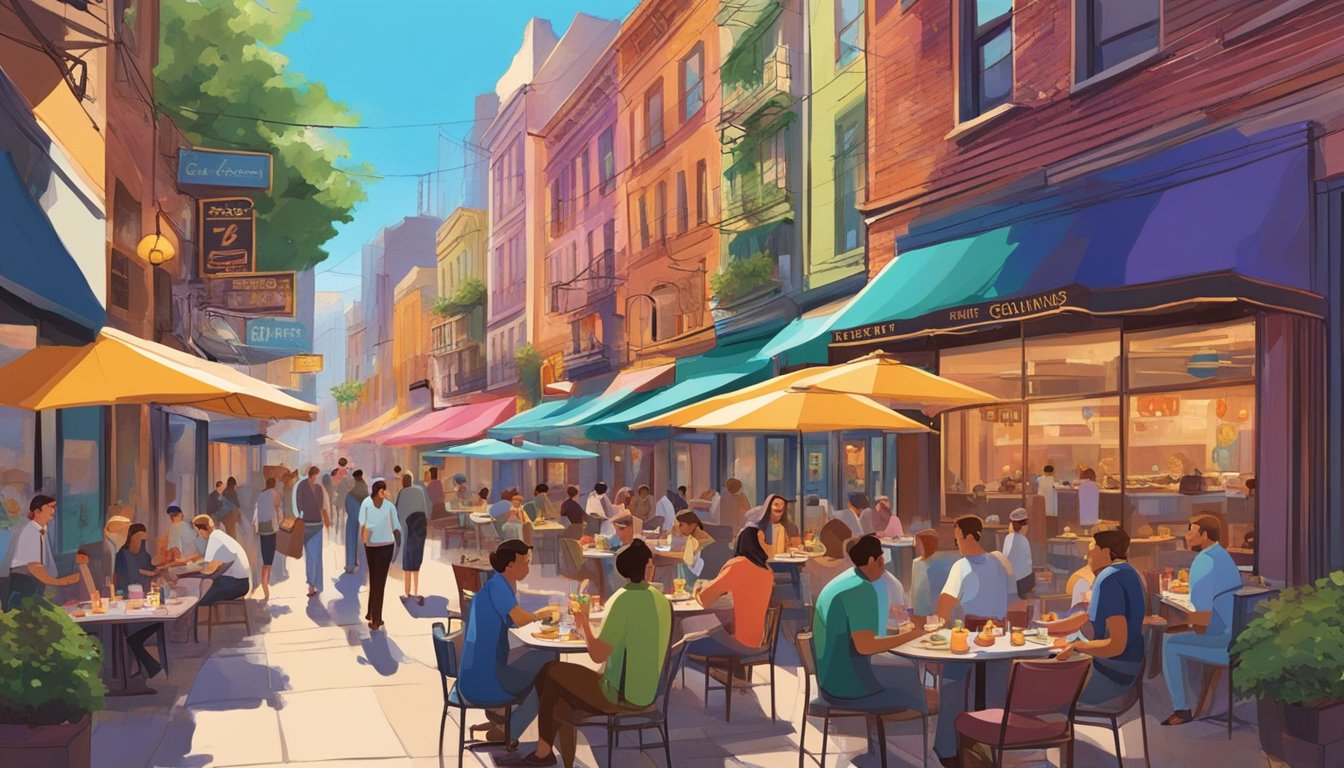 A bustling street lined with trendy restaurants, colorful neon signs, and outdoor seating. The aroma of diverse cuisines fills the air as people dine and socialize