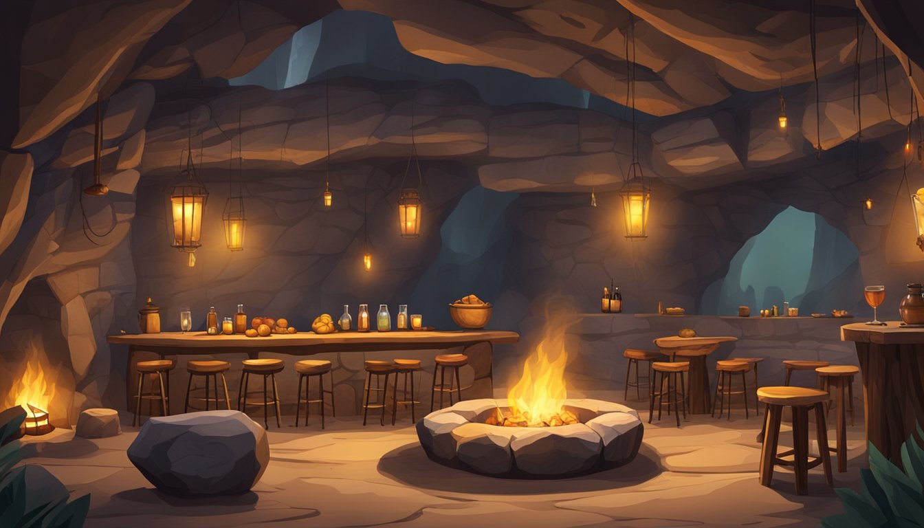 A dimly lit cave with torches, wooden tables, and animal skin-covered chairs. A large stone bar with primitive drinkware and a fire pit in the center