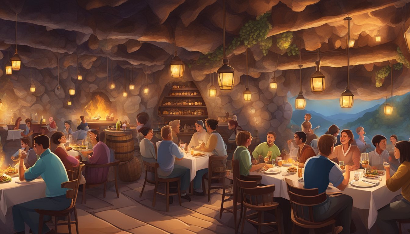 A bustling cave-themed restaurant with sizzling grills, overflowing wine barrels, and patrons enjoying hearty meals