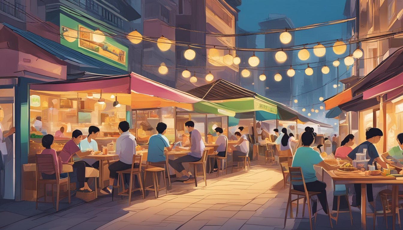 A bustling street lined with vibrant, modern restaurants and food stalls. A mix of aromas wafts through the air, from sizzling satay to fragrant laksa, showcasing Singapore's diverse culinary scene