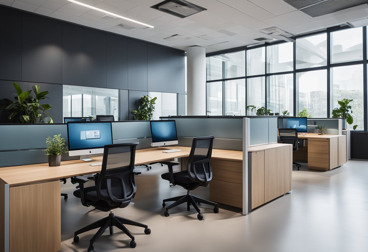 A sleek, open-concept office space with modular furniture, natural lighting, and integrated technology for seamless collaboration