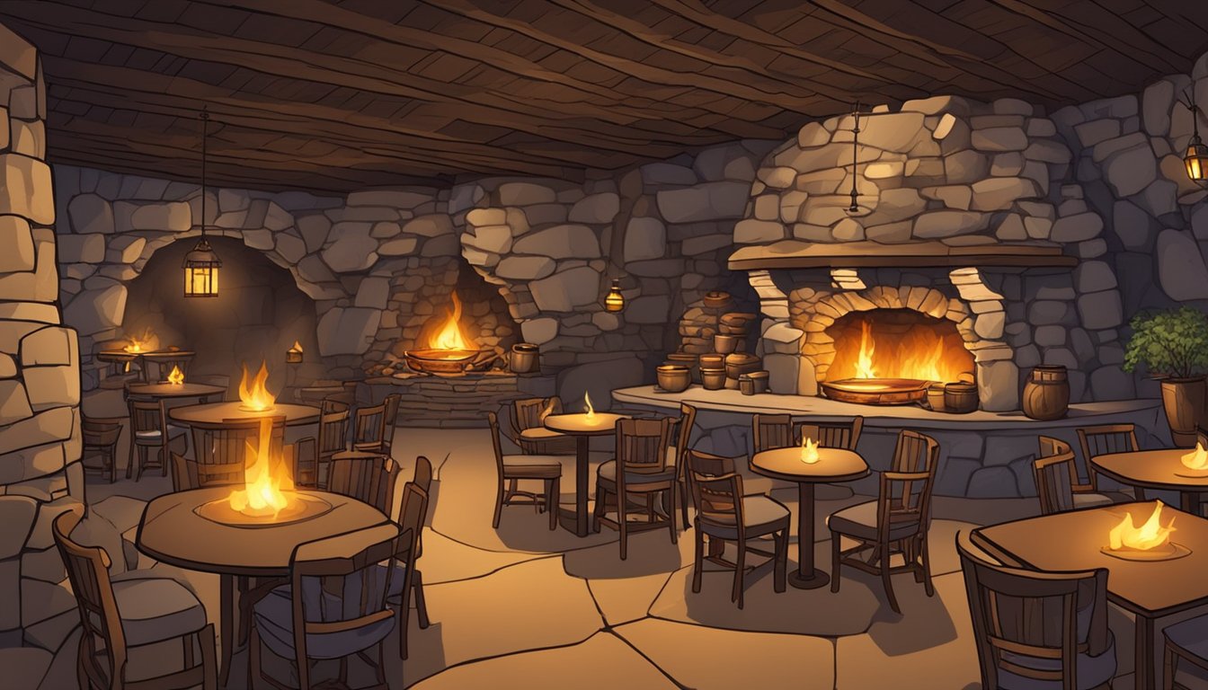 The restaurant is dimly lit with flickering torches on the walls. Stone tables and chairs are scattered around the cave-like interior. A large fire pit in the center provides warmth and a primitive cooking area